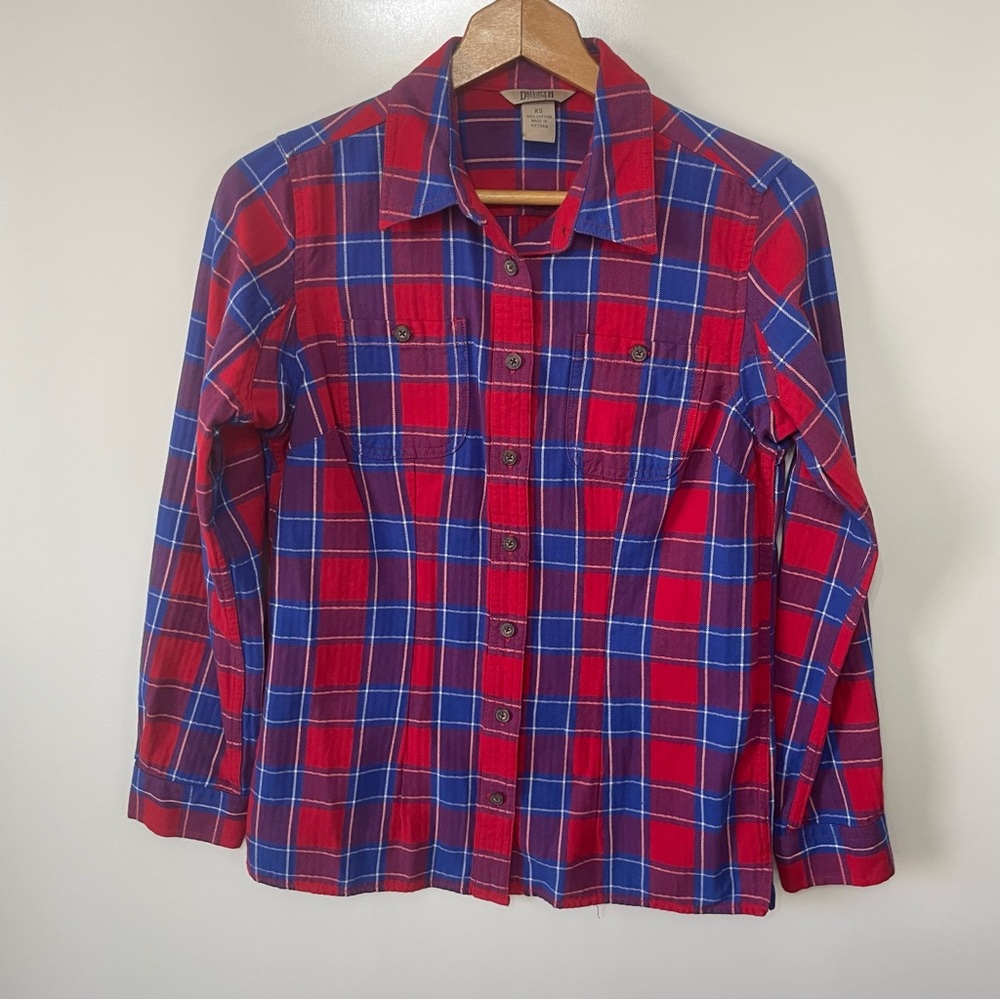 Duluth Trading Plaid Flannel Shirt Red Blue Fitted Long Sleeve Womens XS Farm